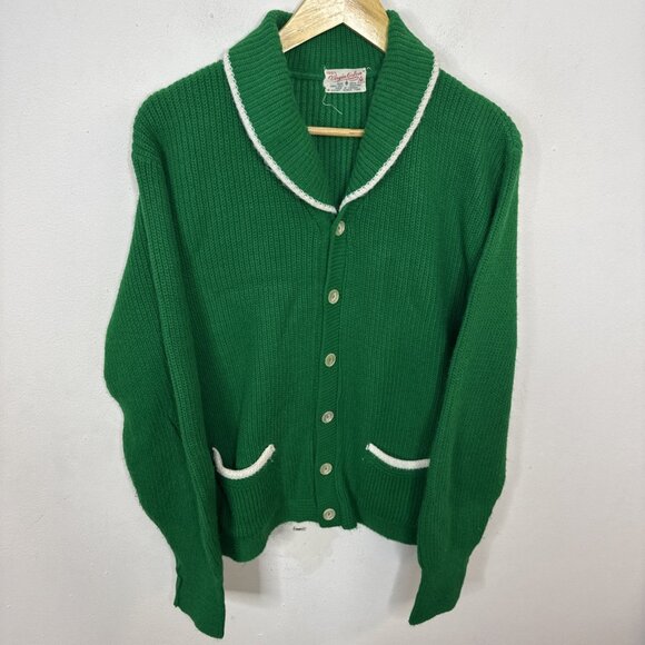 Vintage Curling 70s Knit Green Men M Cardigan Sweater Orlon Preppy College - Picture 1 of 4